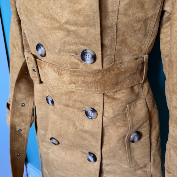 Steve Madden Suede Mustard Yellow Trench Coat Tie Waist Fitted Jacket - Picture 7 of 11